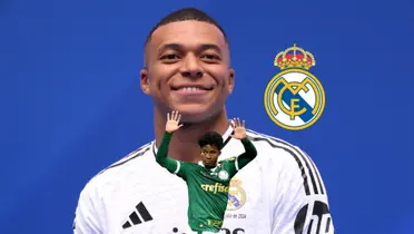 Kylian Mbappé smiles during his Real Madrid presentation and the club badge is next to him while Endrick puts his hands up while wearing the Palmeiras jersey. (Source: REUTERS, Real Madrid X)