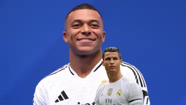 Kylian Mbappé smiles while he is wearing the Real Madrid jersey on and Cristiano Ronaldo looks to the side. (Source: Fabrizio Romano X, Bein Sports)