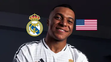 Kylian Mbappé smiles while he poses with the Real Madrid jersey as the Real Madrid badge and the USA flag is next to him. (Source: KM10Zone X)
