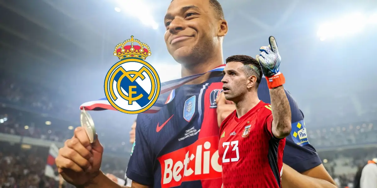 Kylian Mbappé smiles while holding a medal and Emiliano Martinez points up to the sky; the Real Madrid badge is next to him.