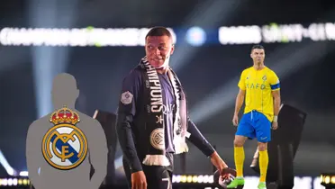 Kylian Mbappé smiles while wearing a scarf and the PSG jersey; Cristiano Ronaldo looks annoyed wearing an Al Nassr jersey and a mystery person as a Real Madrid badge on him.
