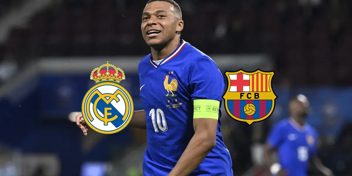 Kylian Mbappé smiles while wearing the French national team jersey and the Real Madrid and FC Barcelona badges are next to him.