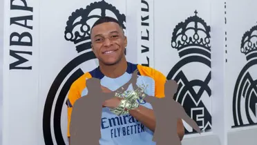 Kylian Mbappé smiles with a training Real Madrid kit at the club locker room while two mystery players celebrate together and money is in between them. (Source: Kylian Mbappé X) 