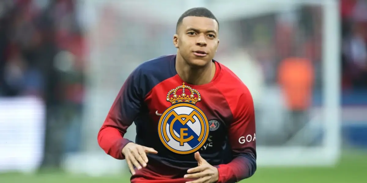 Kylian Mbappé warming up with a PSG warm up shirt and a Real Madrid badge is in the middle.