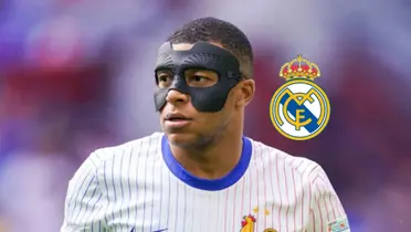Kylian Mbappé wears a new mask for the EUROS as he wears the white France jersey and the Real Madrid badge is next to him. (Source: Pubity Sport X)