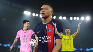 Kylian Mbappé wears a PSG shirt and Lionel Messi smiles while holding a football; Cristiano Ronaldo grins with his hands up high.