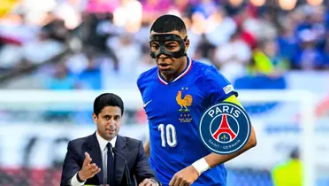Kylian Mbappé wears the black mask and the French jersey as Nasser Al Khelaifi smiles and speaks and the PSG badge is next to him. (Source: AFP, EURO 2024)