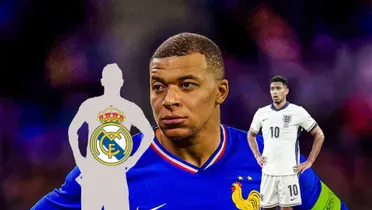 Kylian Mbappé wears the France jersey and Jude Bellingham looks worried with the England kit on; a mystery player has the Real Madrid badge. (Source: Euro Foot X)