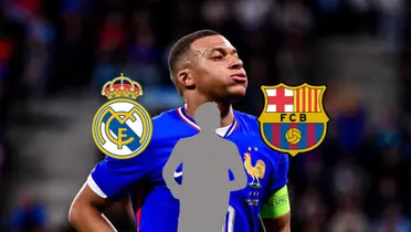 Kylian Mbappé wears the French national team jersey while a mystery player is below him. The Real Madrid and FC Barcelona crests are next to them.