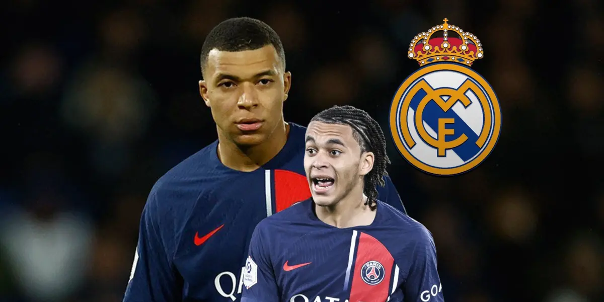 Kylian Mbappé wears the PSG jersey while his brother Ethan Mbappé screams wearing a PSG kit; the Real Madrid badge is next to them.