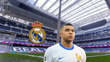 Kylian Mbappé wears the white France jersey with the Real Madrid badge is next to him and the Santiago Bernabeu is empty. (Source: Getty Images, Diario AS)