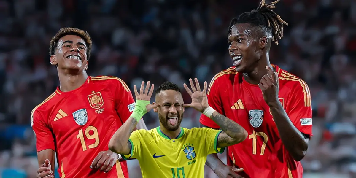 Lamine Yamal and Nico Williams celebrate together with the Spanish national team as Neymar celebrates with the Brazil jersey. (Source: IBZBLUE X, Getty Images))