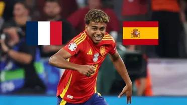 Lamine Yamal celebrates his goal for Spain at the EUROS vs France; the French and Spanish flags are next to him. (Source: UEFA via Getty Images)