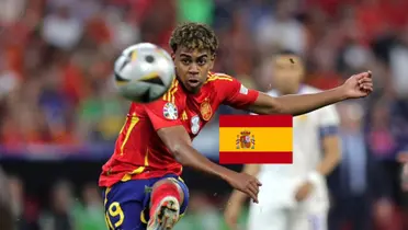 Lamine Yamal shoots the ball at the EUROS with the Spain jersey on and the Spanish flag is next to him. (Source: EURO 2024 X)