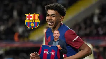 Lamine Yamal smiles as he scored for FC Barcelona while the club badge is next to him and Hansi Flick hold the FC Barcelona shirt. (Source: Getty Images, FC Barcelona)
