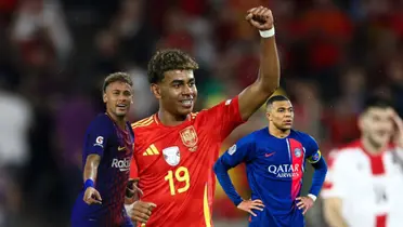 Lamine Yamal smiles as he wears the Spain jersey; Neymar smiles with an FC Barcelona jersey on and Kylian Mbappé has the PSG jersey on. (Source: Laminee Yamal X, X)