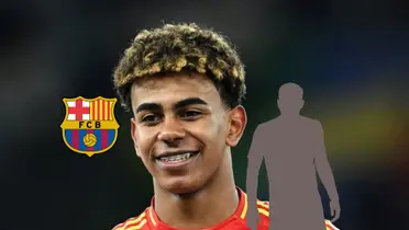 Lamine Yamal smiles with a Spain jersey on as the FC Barcelona badge and a mystery player is next to him. (Source: Getty Images, UEFA)
