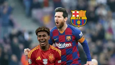 Lamine Yamal smiles with a Spain jersey while Lionel Messi celebrates a goal for FC Barcelona and the club badge is next to him. (Source: FC Barcelona)