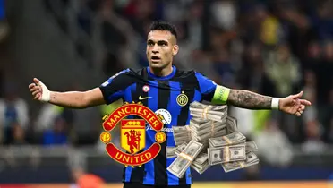 Lautaro Martinez looks concerned wearing an Inter Milan jersey while the Manchester United logo and a stack of money is below him.