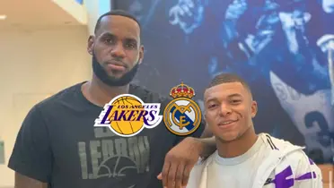 LeBron James and Kylian Mbappé posed together for a picture while the LA Lakers and Real Madrid badges are next to each other. (Source: KM10 Zone X)