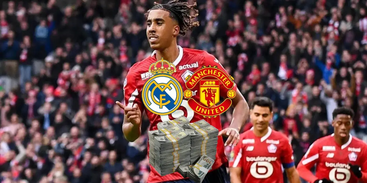 Leny Yoro celebrates his goal for Lille as the Real Madrid and Manchester United badges are below him, on top of a stack of cash. (Source: Anfield Sector X)