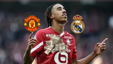 Leny Yoro closes his eyes and points to the sky while the Manchester United and Real Madrid badges are next to him and the stack of money is below him. (Source: Fabrizio Romano X)