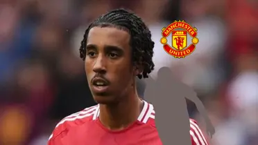 Leny Yoro is focused while he wears the Manchester United jersey and the club logo is above a mystery player. (Source: UtdFaithfuls X)
