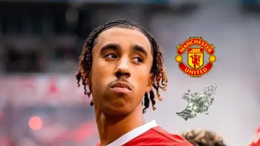 Leny Yoro looks to the side while wearing the Lille jersey as the Manchester United badge is above flying $100 bills. (Source: Fabrizio Romano X) 