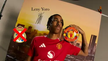 Leny Yoro wears the Manchester United jersey for the first time as the Man United logo is next to him while the Real Madrid badge is crossed out. (Source: Manchester United X)