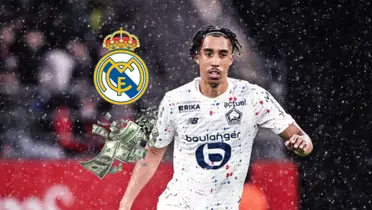 Leny Yoro wears the white jersey of Lille as the Real Madrid badge and $100 bills are next to him. (Source: Madrid Zone X)