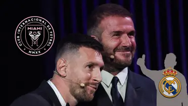 Lionel Messi and David Beckham smile together while a mystery player gives a thumbs up with a Real Madrid badge on and the Inter Miami badge is on the top left.