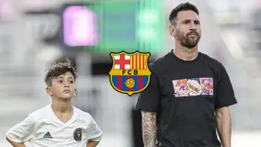 Lionel Messi and his son, Thiago Messi, are standing next to each other while the FC Barcelona badge is in between them.