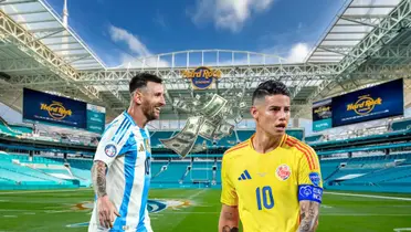 Lionel Messi and James Rodriguez wear their respective national team jerseys while money is in between them and they are at the Hard Rock Stadium. (Source: Christy Radecic for HOK, Centre Goals X, Messi Xtra X)