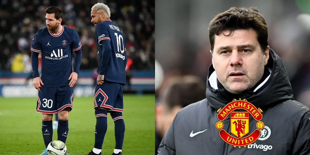 Lionel Messi and Neymar look at the goal wearing the PSG jerseys and Mauricio Pochettino looks serious with a Chelsea jacket on. A Manchester United logo is below him.