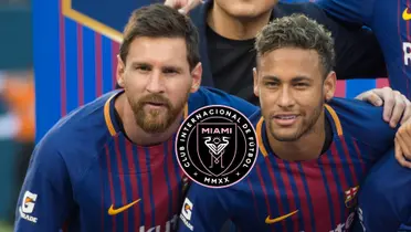 Lionel Messi and Neymar smile together while wearing the FC Barcelona jerseys and the Inter Miami badge is in the middle.