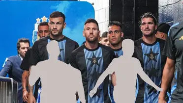 Lionel Messi and the rest of the Argentina national team walk together while two mystery players are below them. (Source: Messi Xtra X)