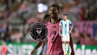 Lionel Messi and wears the Inter Miami jersey while Angel DI Maria looks to his right with his hand on his hip, while wearing the Argentina jersey; the Inter Miami badge is next to them.