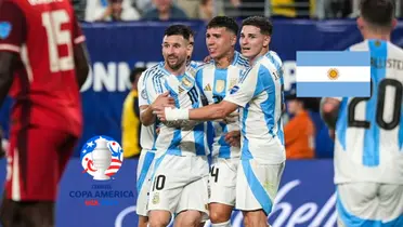 Lionel Messi celebrates his goal with his teammates from the Argentina natioanl team as the Copa America logo is on the bottom and the Argentina flag is on the top. (Source: Messi Xtra X, CONMEBOL)