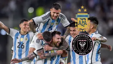 Lionel Messi is hugged by the rest of his Argentina national team teammates while the Argentina national team and Inter Miami badge is next to them.