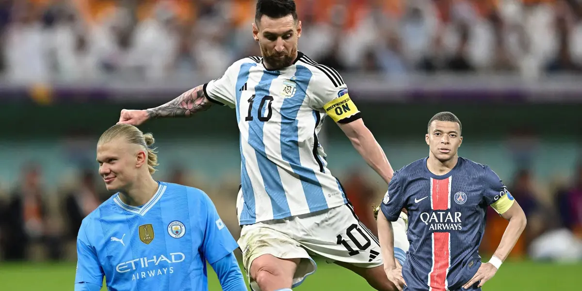 Lionel Messi is set to kick the ball as he wears the Argentina jersey; Erling Haaland smiles with the Man City jersey on while Kylian Mbappé looks serious wearing a PSG jersey.