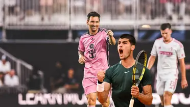 Lionel Messi is smileing and pointing while wearing an Inter Miami jersey while Carlo Alcaraz screams with joy holding a tennis racket.