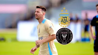 Lionel Messi is training with the training kit of Argentina as the Inter Miami and the Argentina national team badges are next to him.