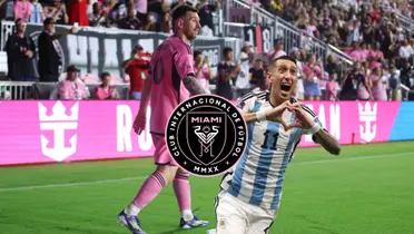 Lionel Messi is walking on the pitch while wearing the Inter Miami jersey; Angel Di Maria screams with joy while wearing the Argentina national team jersey; the Inter Miami badge is in the middle.