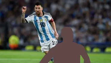 Lionel Messi looks at the pitch with an Argentina jersey on and a mystery athlete is near him.