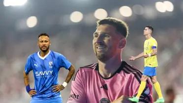 Lionel Messi looks concerned wearing an Inter Miami jersey while Neymar puts his hands on his hips with an Al Hilal jersey and Cristiano Ronaldo puts his hands out with an Al Nassr jersey.