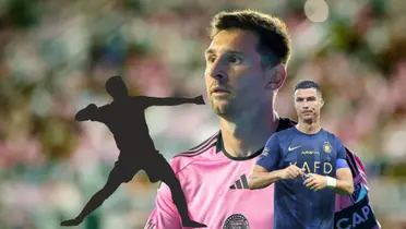 Lionel Messi looks concerned while Cristiano Ronaldo is wearing the Al Nassr jersey; the mystery player is next to him.