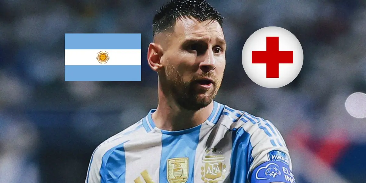 Lionel Messi looks concerned while he wears the Argentina jersey; the Argentina flag and the injury cross is next to him. (Source: Messi Xtra X)