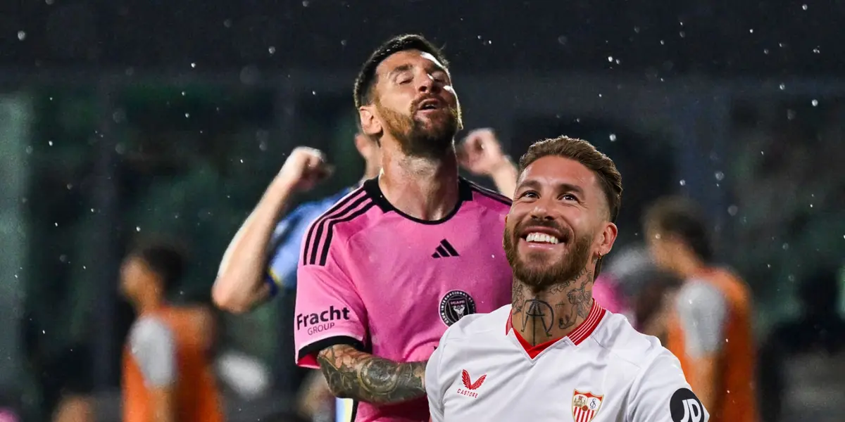 Lionel Messi looks disappointed while wearing the Inter Miami jersey and Sergio Ramos smiles while wearing a Sevilla jersey.