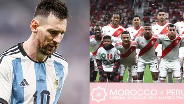 Lionel Messi looks down as he wears the Argentina jersey while the Peru team pose for a team picture.