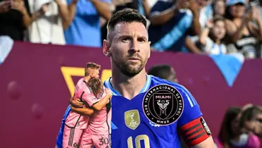 Lionel Messi looks serious as he wears the away Argentina jersey; two Inter Miami players hug each other and the Inter Miami badge is next to them.